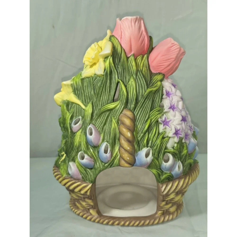 Vintage PartyLite Ceramic Flower Basket Tealight Candle Holder Spring Floral